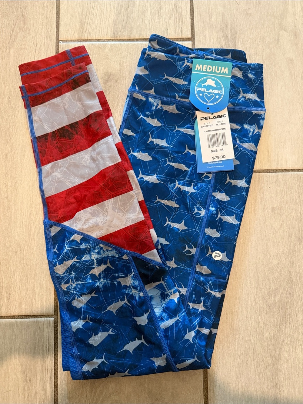 Pelagic Kids Blue and White Shark Print Swim Leggings with Red Accent